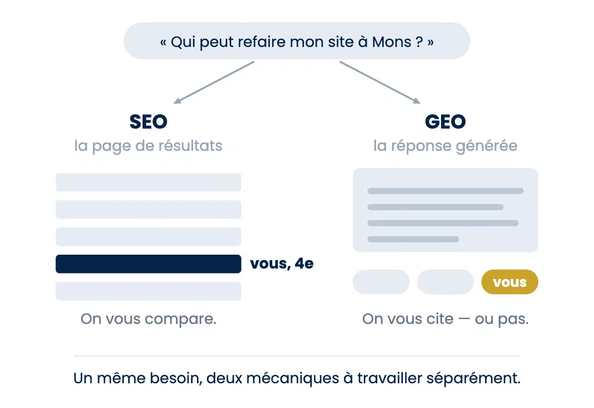 Comparaison entre le SEO et le GEO : à gauche une page de résultats où votre site arrive quatrième parmi cinq ; à droite une réponse générée par une IA qui cite trois sources, dont la vôtre.